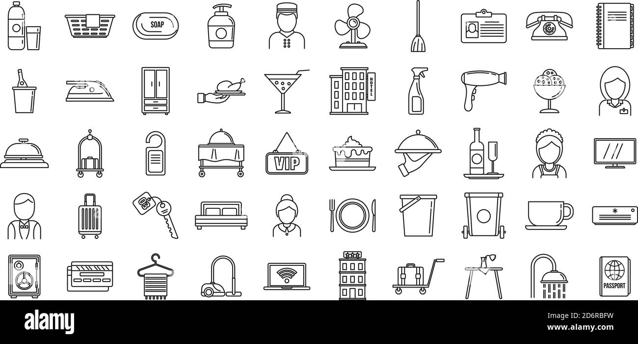 Set di icone del servizio in camera per il turismo. Contorno insieme di icone vettoriali per il servizio di sala turistica per il web design isolato su sfondo bianco Illustrazione Vettoriale