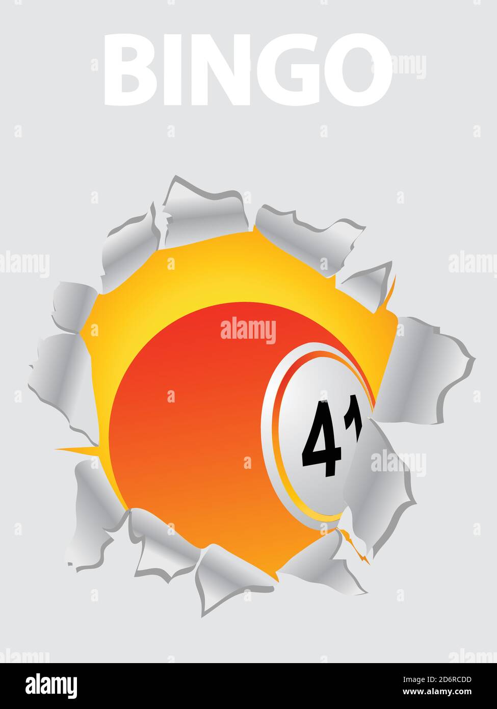 Arancione e giallo Bingo Lottery Ball che esce da A. Ripped sfondo bianco con Bingo testo decorativo Bianco su Bianco Illustrazione Vettoriale