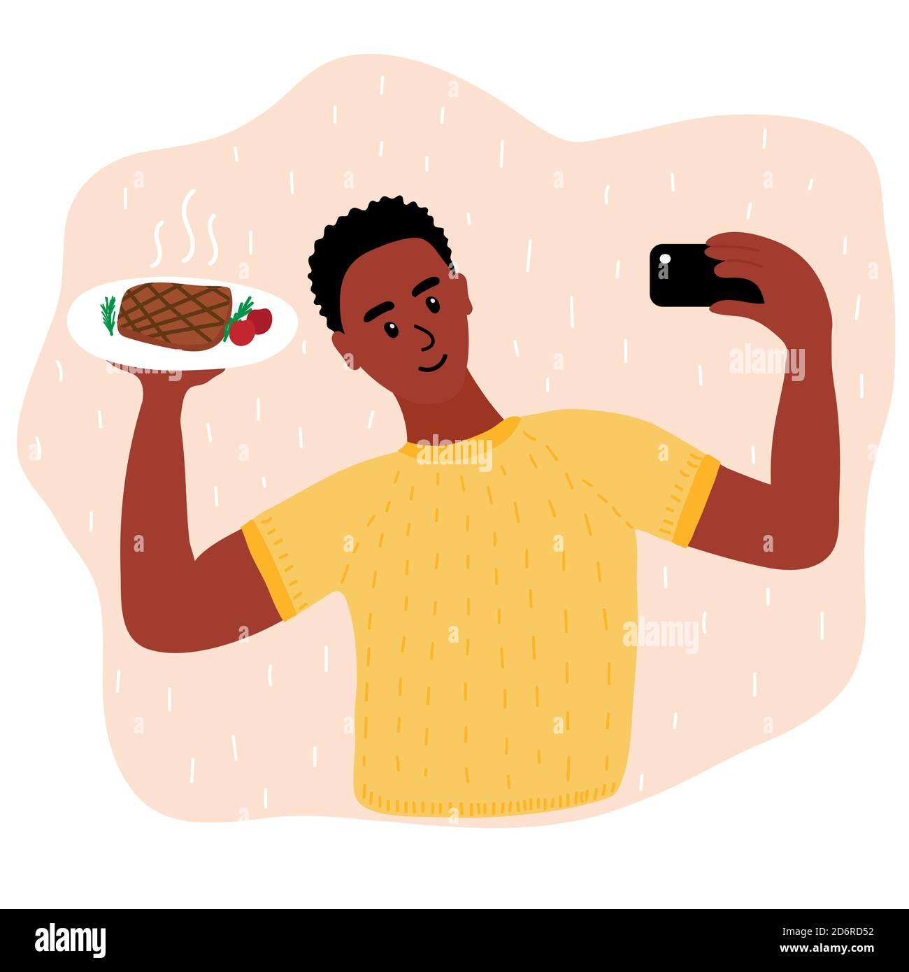 Uomo caucasico alimentare blogger fare selfie foto con bistecca di salmone e limone e rosmarino per blog. Ragazzo carino con fotocamera per smartphone. Vettore dei social media Illustrazione Vettoriale