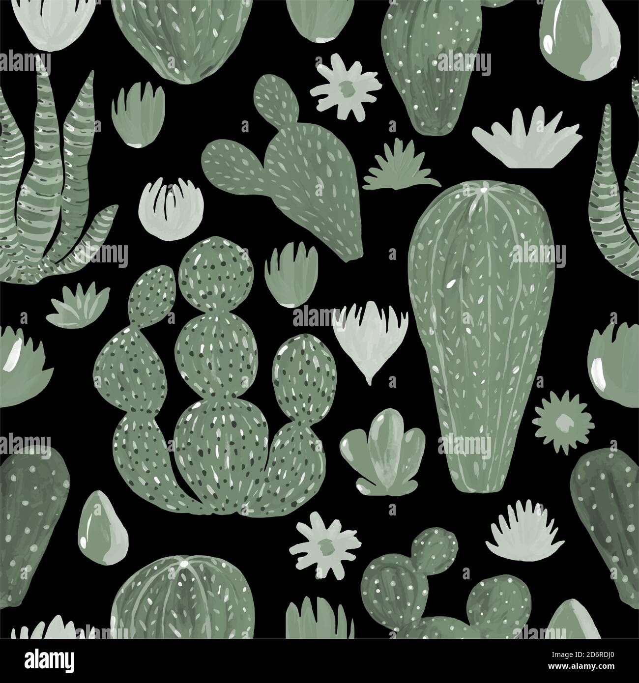 Seamless Pattern Cactusa un'illustrazione dipinta a mano su sfondo nero. Pianta esotica del deserto. Pianta inroom per arredamento domestico. Vettore Illustrazione Vettoriale