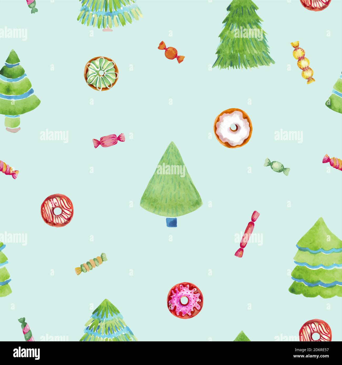Natale albero ciambelle caramella dolce modello senza giunture su sfondo blu Vector illustrazione inverno digitale pacchetto di carta confezione regalo wrap. Albero di Natale, ciambelle, Illustrazione Vettoriale