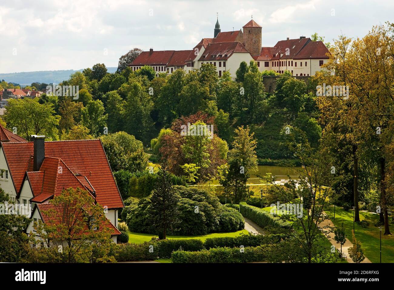 castello Iburg e abbazia sopra la città, Germania, bassa Sassonia, Bad Iburg Foto Stock