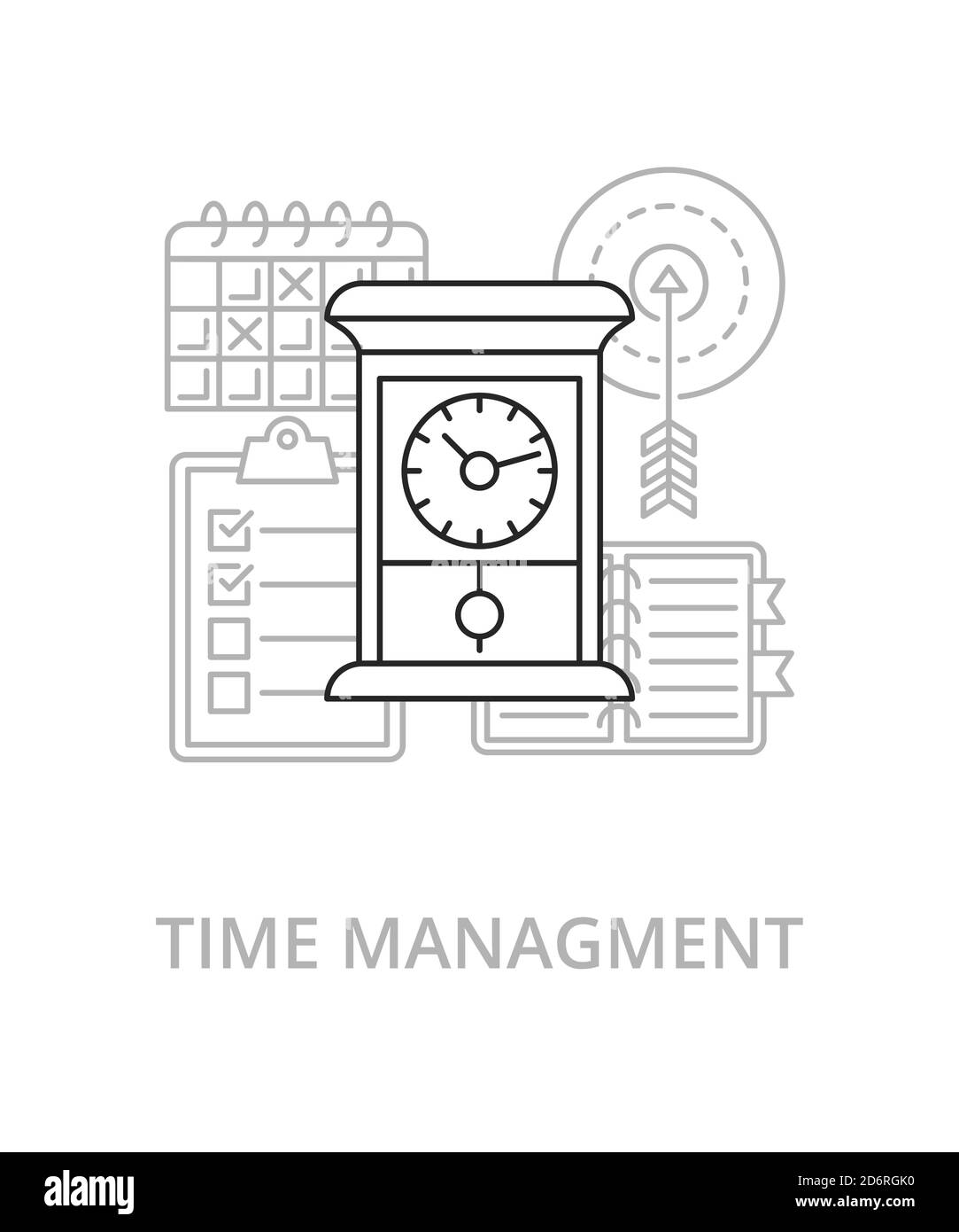 Illustrazione della linea piatta di gestione del tempo nello stile di tendenza. Icona e concetto vettoriale complesso Illustrazione Vettoriale