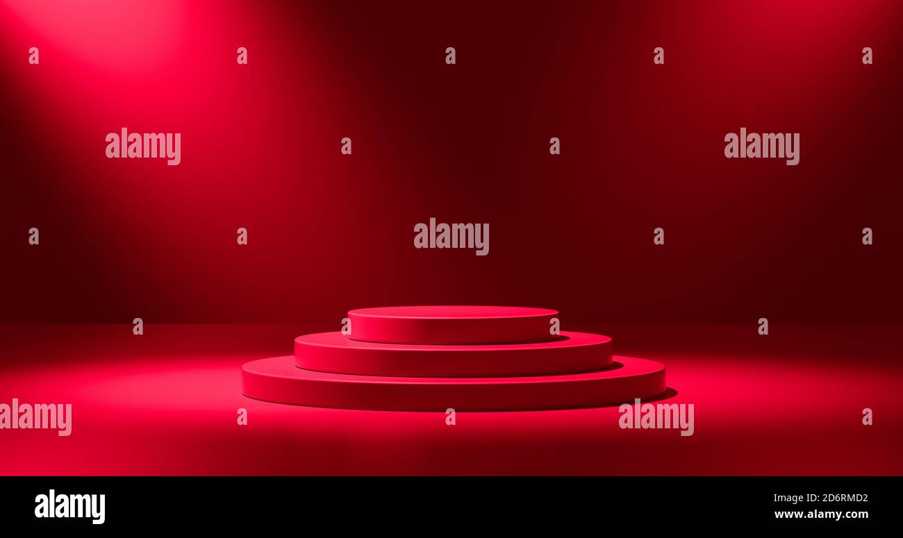 Podio rosso vuoto per la presentazione del prodotto. Piedistallo rotondo di colore collocato sul piano dello studio. 3D ombreggiato, luce dall'alto. Sfumatura di colore rosso sullo sfondo. Foto Stock