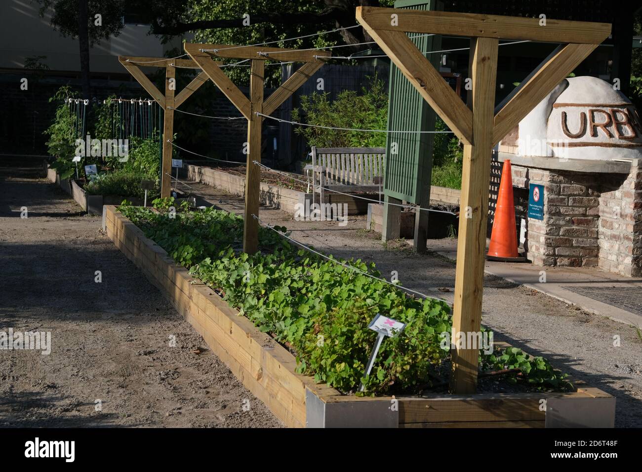 Urban Garden, Halloween, Fontana,, costruzione, Chiesa di Huguenot, Cimitero, zucca in finestra, Pun con verdure. Foto Stock