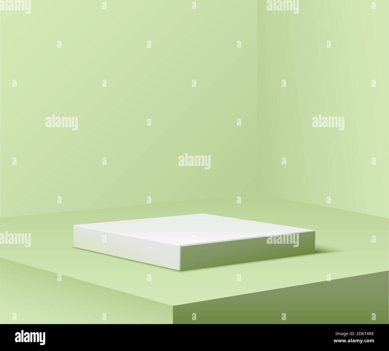 Podio quadrato verde pastello per il prodotto. piedistallo 3d nell'illustrazione vettoriale spotlight. Palco geometrico sul pavimento in camera. Astratto luogo realistico per Illustrazione Vettoriale