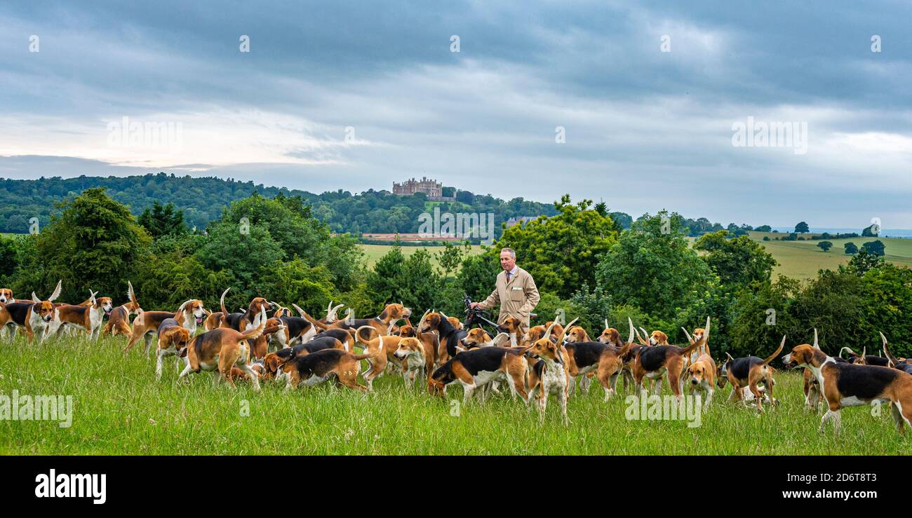 Belvoir, Grantham, Lincolnshire, Regno Unito. Il Duca di Rutland si allontana per l'esercizio mattutino con Huntsman John Holliday, Castello di Belvoir sullo sfondo Foto Stock