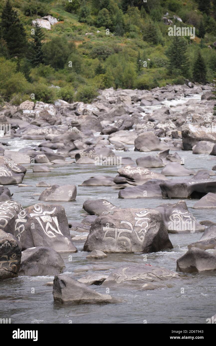 Sanscrito mantra Om mani Padme Hum inciso sulla superficie di grandi pietre grigie nel fiume di montagna nel villaggio di Baiyu in Cina Foto Stock