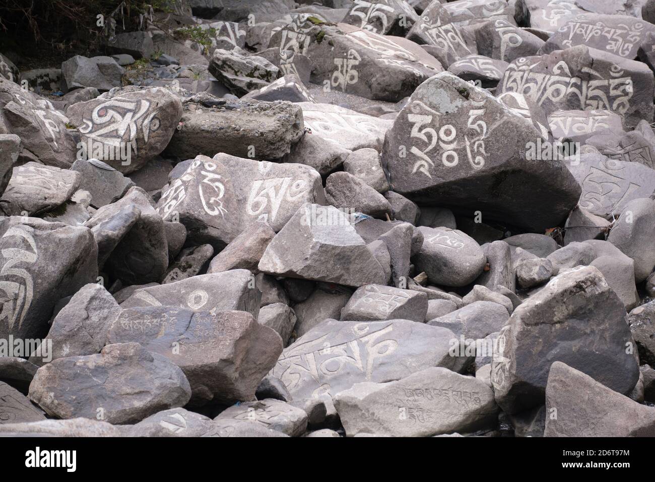 Sanscrito mantra Om mani Padme Hum inciso sulla superficie di grandi pietre grigie nel fiume di montagna nel villaggio di Baiyu in Cina Foto Stock