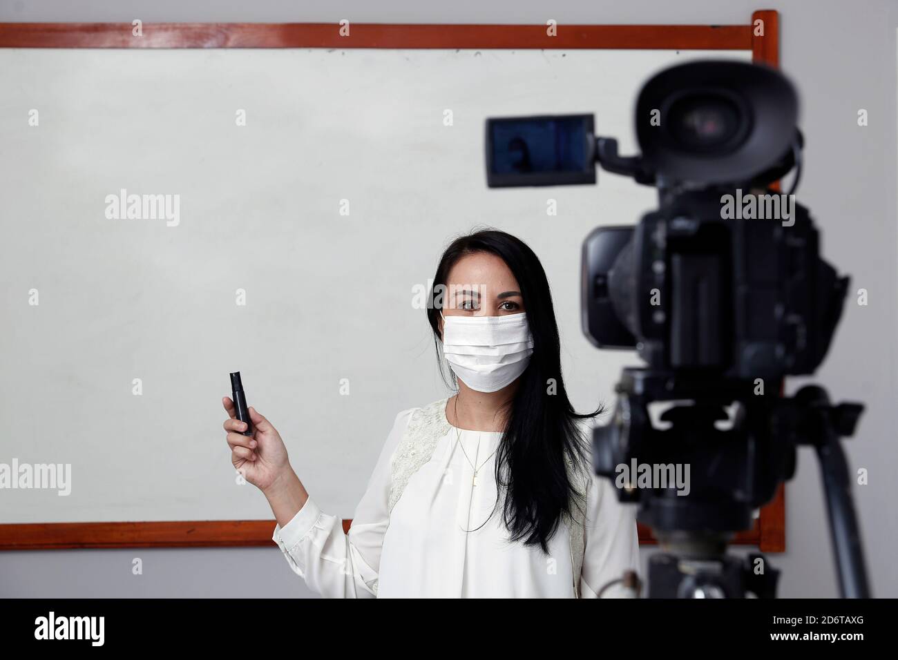 Insegnante con maschera di protezione respiratoria durante la presentazione di online virtuale classe Foto Stock