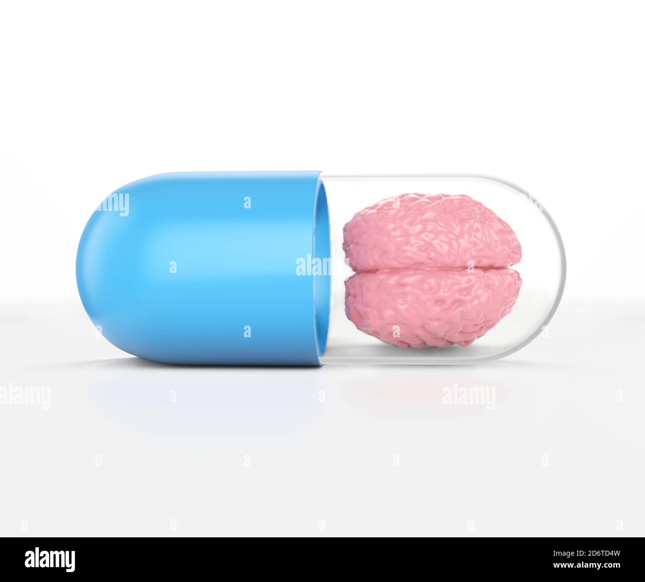 pillola blu riempito cervello su sfondo bianco, nootropico per il cervello o pillola di mal di testa, un farmaco per migliorare l'attività cerebrale, illustrazione 3d Foto Stock