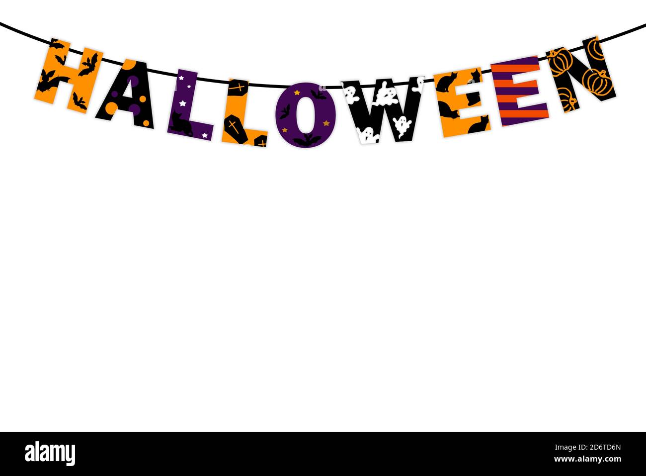 happy halloween, arancione, viola e nero lettere appese su corda garland, perfetto per decorare poster e inviti, banner, su sfondo bianco Foto Stock