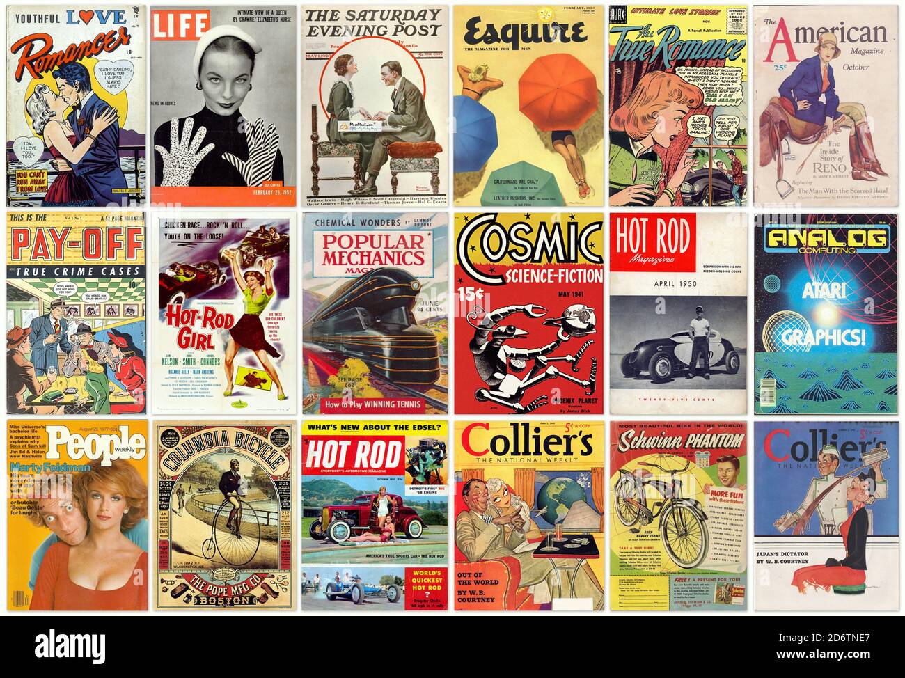 Collezione di vecchie copertine colorate di riviste d'epoca da tutto il mondo Foto Stock