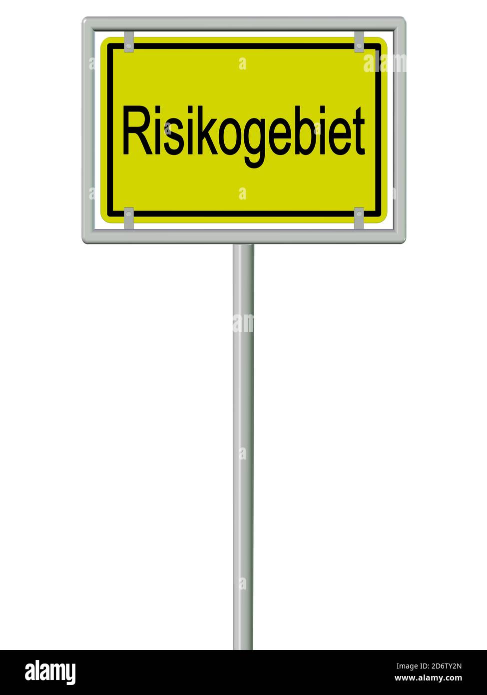 Segno del nome della località con la parola "Risikogebiet", traduzione "area di rischio" in un'illustrazione 3d su sfondo bianco Foto Stock