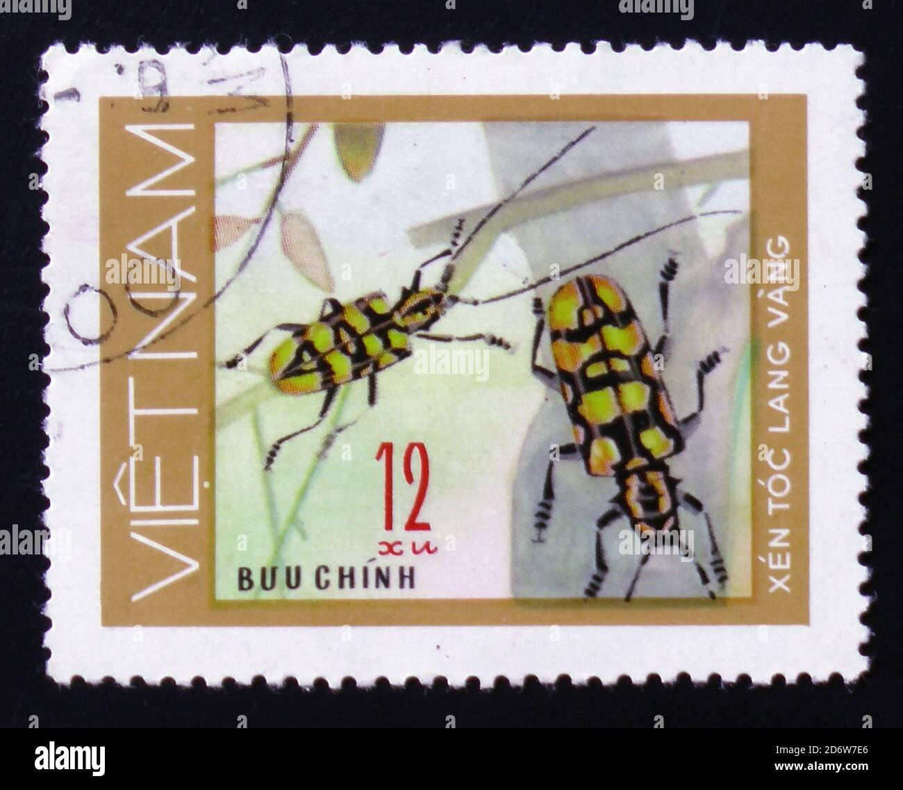 MOSCA, RUSSIA - 12 FEBBRAIO 2017: Un francobollo stampato in VIETNAM, mostra insetto animale lungo corno scarabeo, 12 monete, circa 1981 Foto Stock