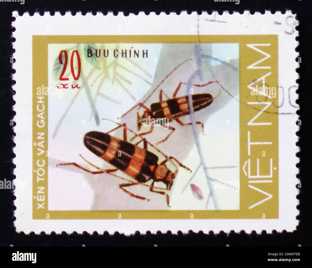 MOSCA, RUSSIA - 12 FEBBRAIO 2017: Un francobollo stampato in VIETNAM, mostra insetto animale lungo corno scarabeo, 20 monete, circa 1981 Foto Stock