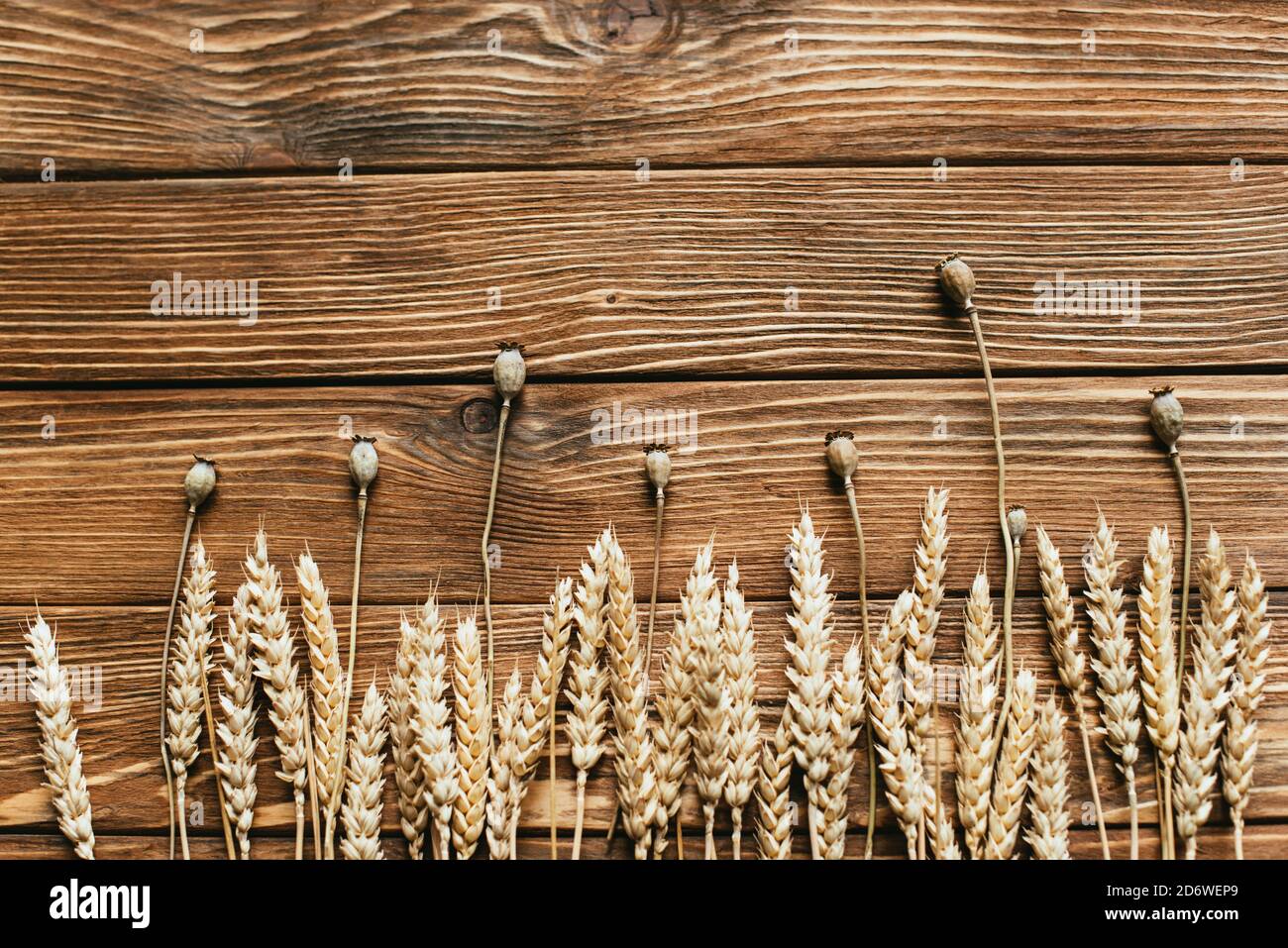 vista dall'alto di papaveri secchi e orecchie di grano su legno sfondo Foto Stock