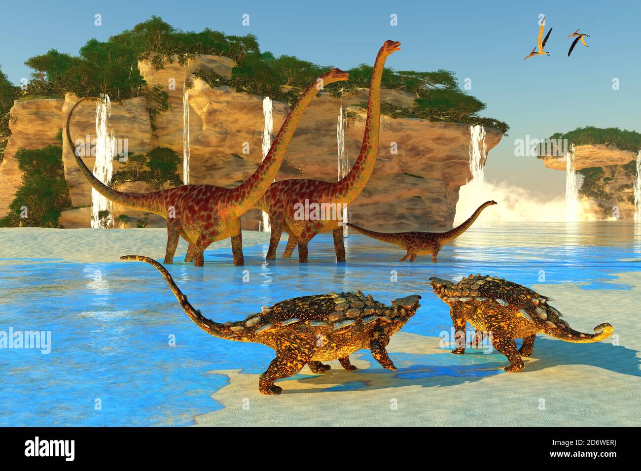 I rettili di Pteranodon sorvolano una costa nordamericana piena di dinosauri di Diplodocus e Gargoyleosaurus. Foto Stock