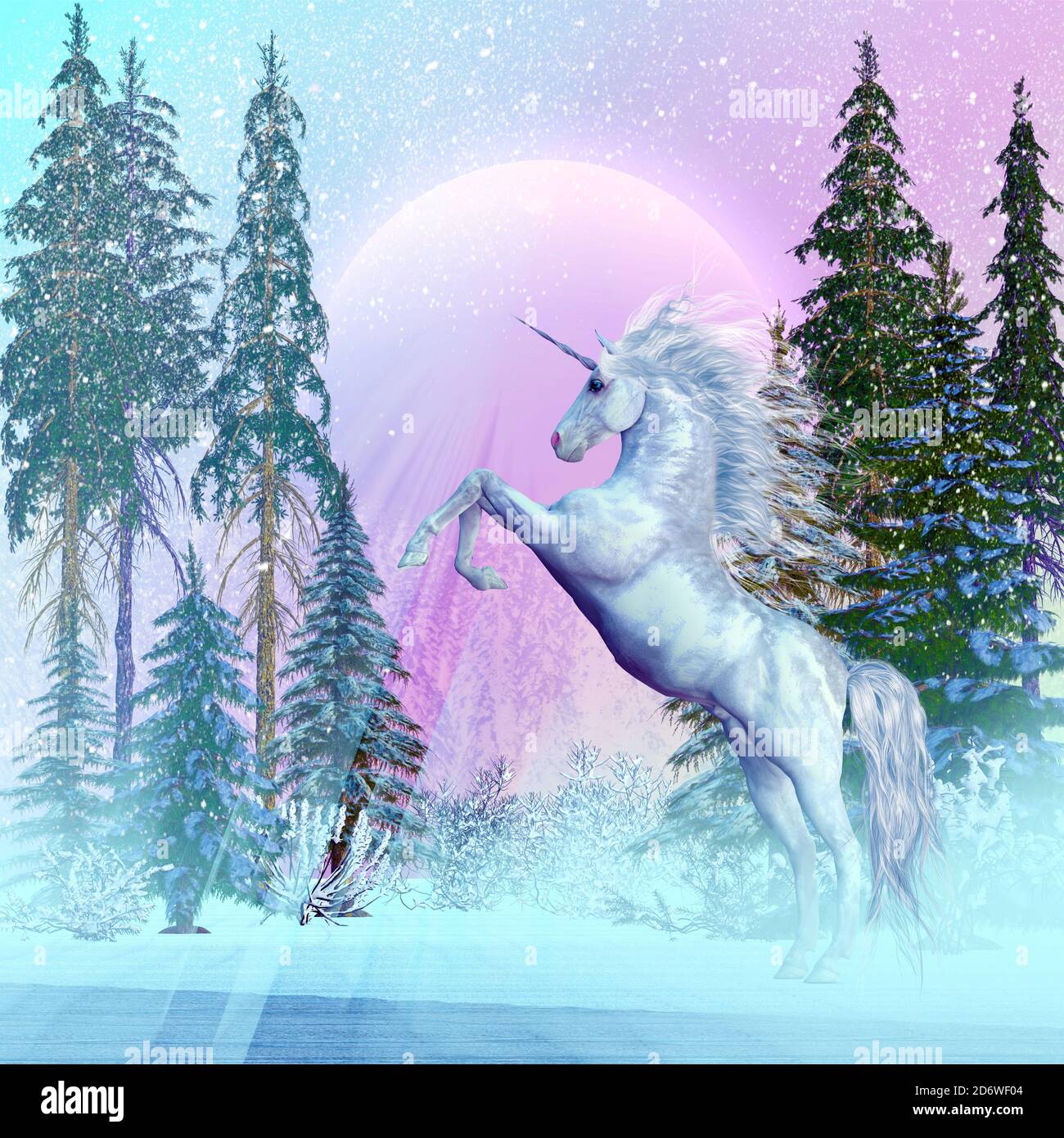 Unicorn Moon - UN Unicorn è una leggendaria creatura della mitologia che ha un corno a spirale sulla fronte e gli zoccoli. Foto Stock