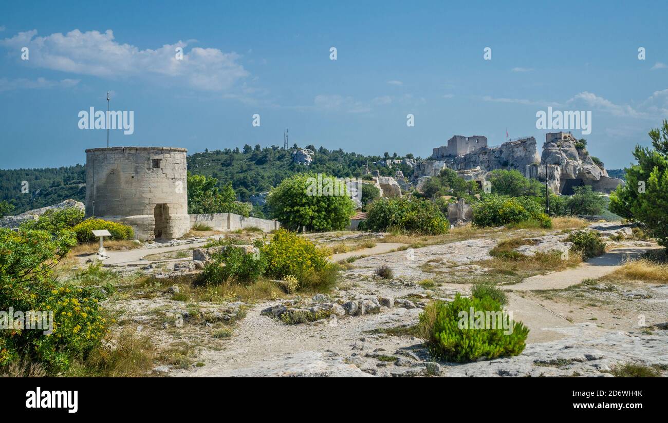 Castello in rovina di Château des Baux-de-Provence, dipartimento delle Bocche del Rhône, Francia meridionale Foto Stock