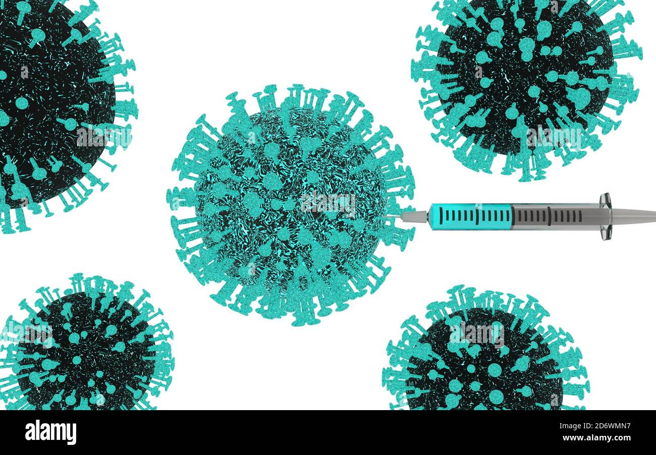 rendering 3d di cellule di coronavirus galleggianti, una cellula essendo inyecata con una siringa di plastica trasparente una sostanza di neon blu che la rende più blu neon. Foto Stock