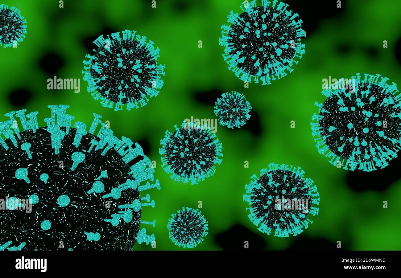 rendering 3d di cellule di coronavirus fluttuanti in uno sfondo verde e nero. Foto Stock