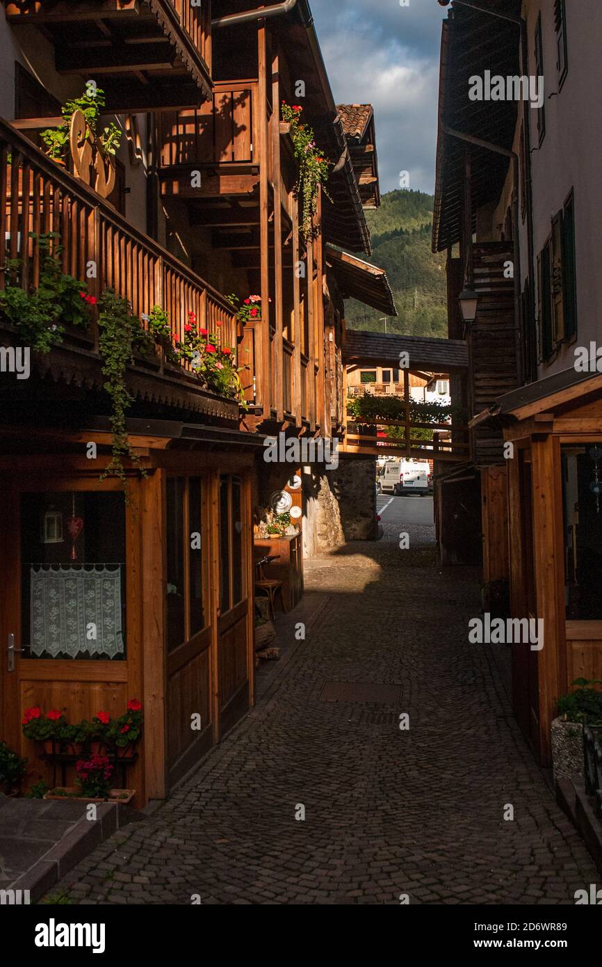 Un tipico vicolo di ciottoli del villaggio italiano di Mezzano In Trentino Alto Adige con un sacco di piante verdi e. tipiche case in legno Foto Stock