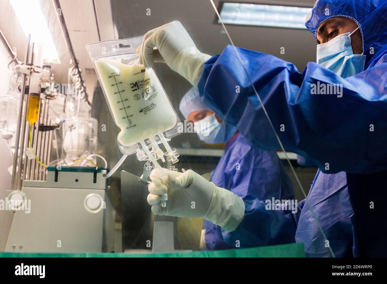 Preparazione automatizzata di miscele nutrizionali parenterali per reparti neonatali. Farmacia Bordeaux CHU - Gruppo ospedaliero Pellegrin, Francia. Foto Stock