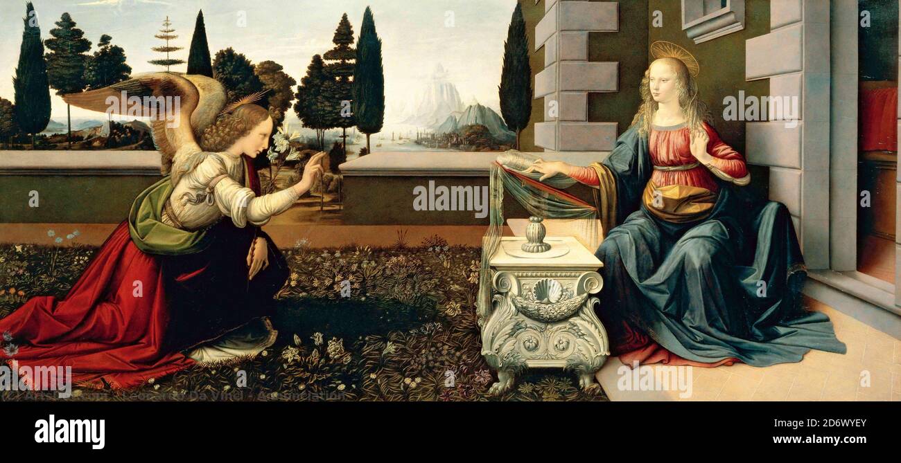 Titolo: Annunciazione Creatore: Leonardo da Vinci Data: 1472 mezzo: Olio su legno dimensioni: 90 x 222 cm posizione: Galleria degli Uffizi, Firenze Foto Stock