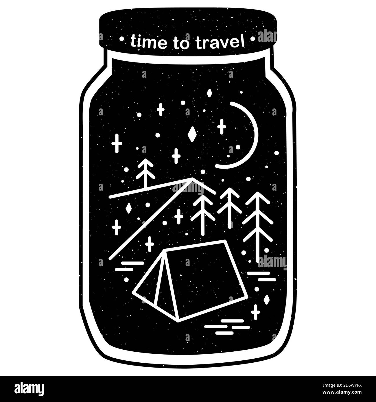 La famiglia si siede intorno al campo silhouette scena con montagne, tenda e alberi di pino. Persone campeggio all'aperto Illustrazione Vettoriale