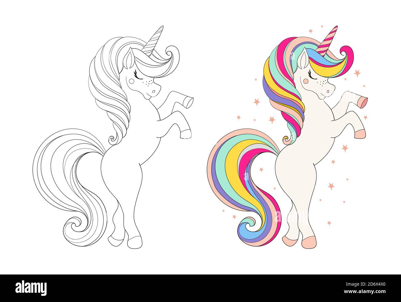 Set di simpatici unicorni. Carattere cartoon colorato e disegno per la colorazione. Illustrazione vettoriale cartoon. Gioco educativo per bambini Illustrazione Vettoriale