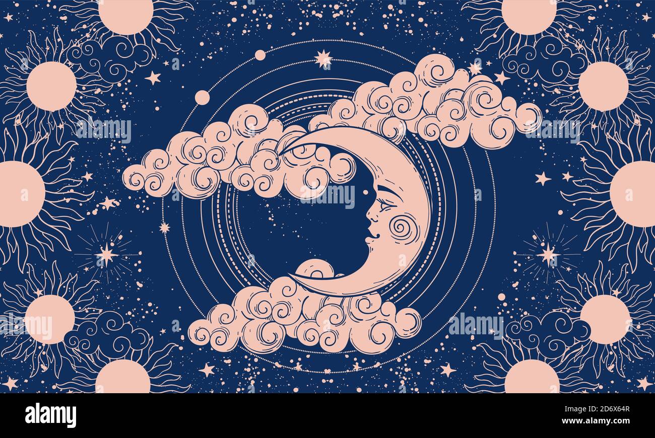 Banner mistico per astrologia o boho design, luna crescente con volto su sfondo blu e nuvole. Geometria sacra. Illustrazione vettoriale per cartolina, poster, copertina Illustrazione Vettoriale
