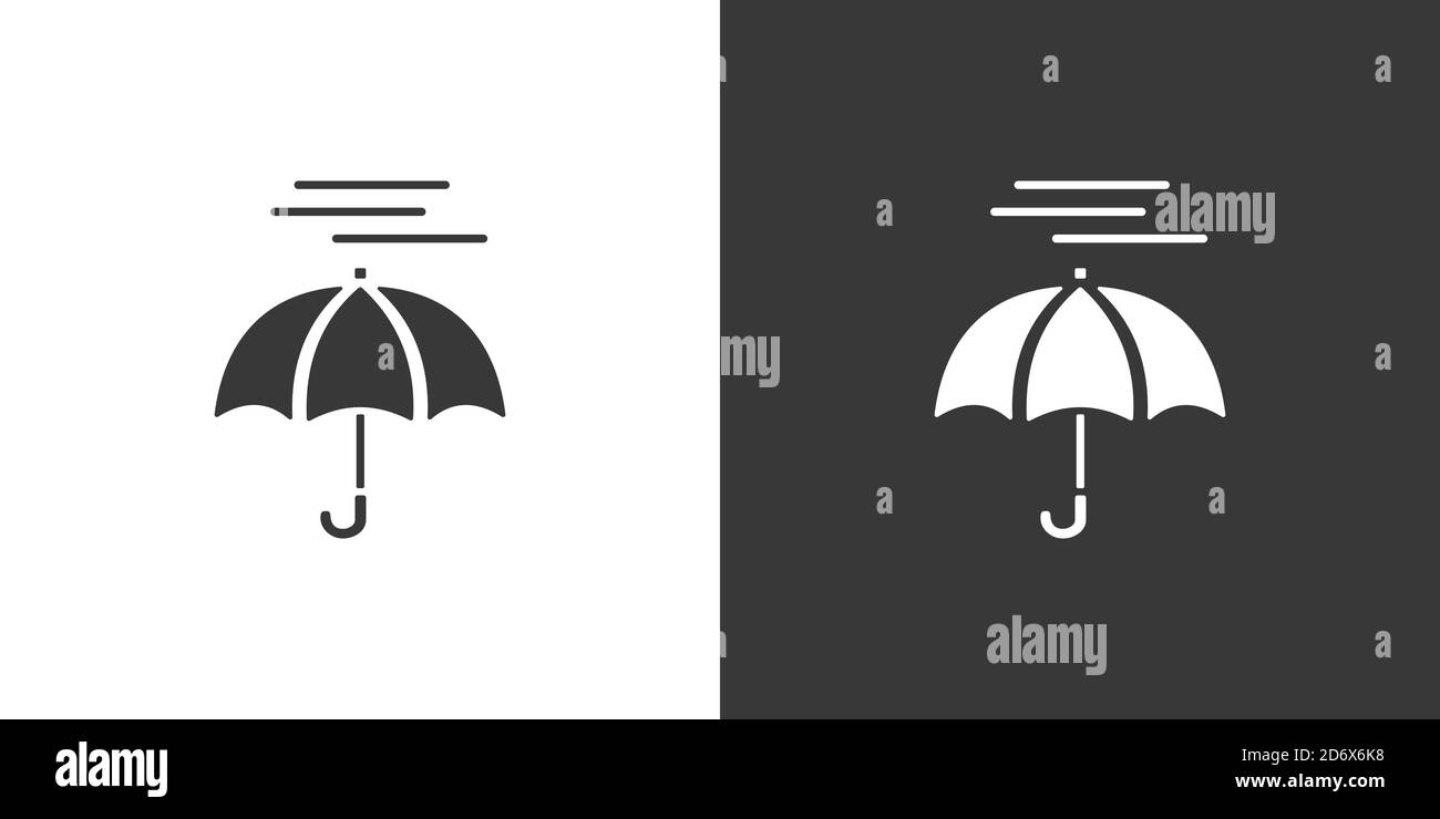 Ombrello e nebbia pesante. Icona isolata su sfondo bianco e nero. Illustrazione del vettore glifo meteo Illustrazione Vettoriale