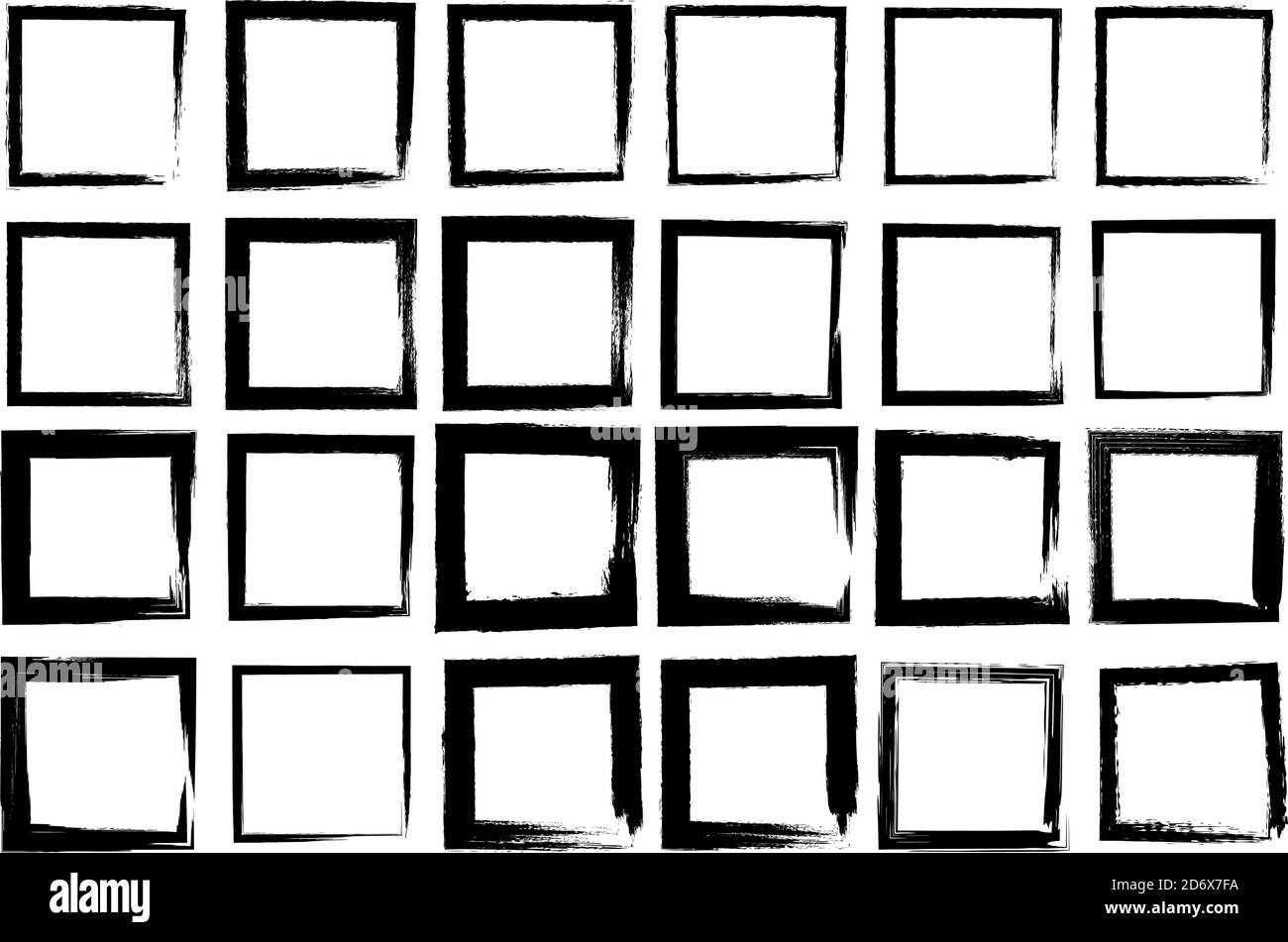 Serie di quadrati vettoriali con tratto irregolare. Pennellate ruvide. Spessore diverso delle linee tracciate. Figura isolata. Stile grunge. Illustrazione Vettoriale