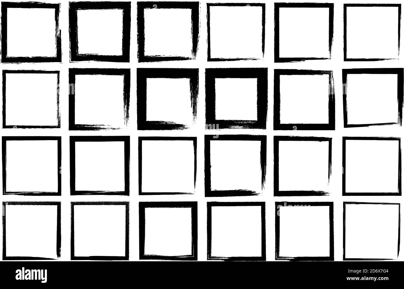 Serie di quadrati vettoriali con tratto irregolare. Pennellate ruvide. Spessore diverso delle linee tracciate. Figura isolata. Stile grunge. Illustrazione Vettoriale