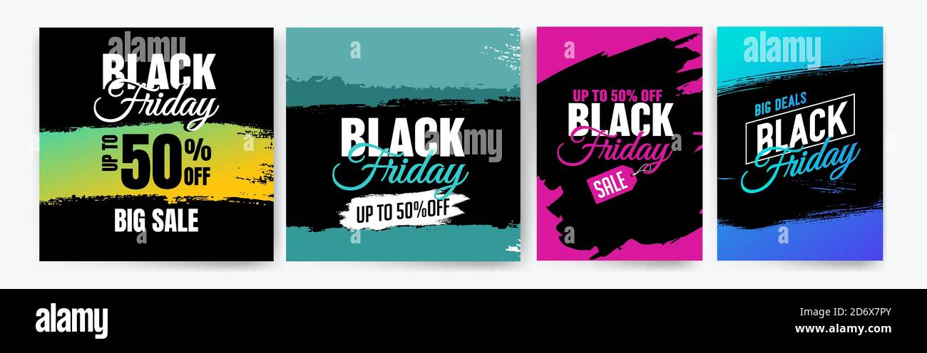 Modelli di banner per il black friday. Banner promozionale, offerta, vendita. Modelli per banner Web, volantini, poster. Sfondo e testo colorati. Frida nero Illustrazione Vettoriale