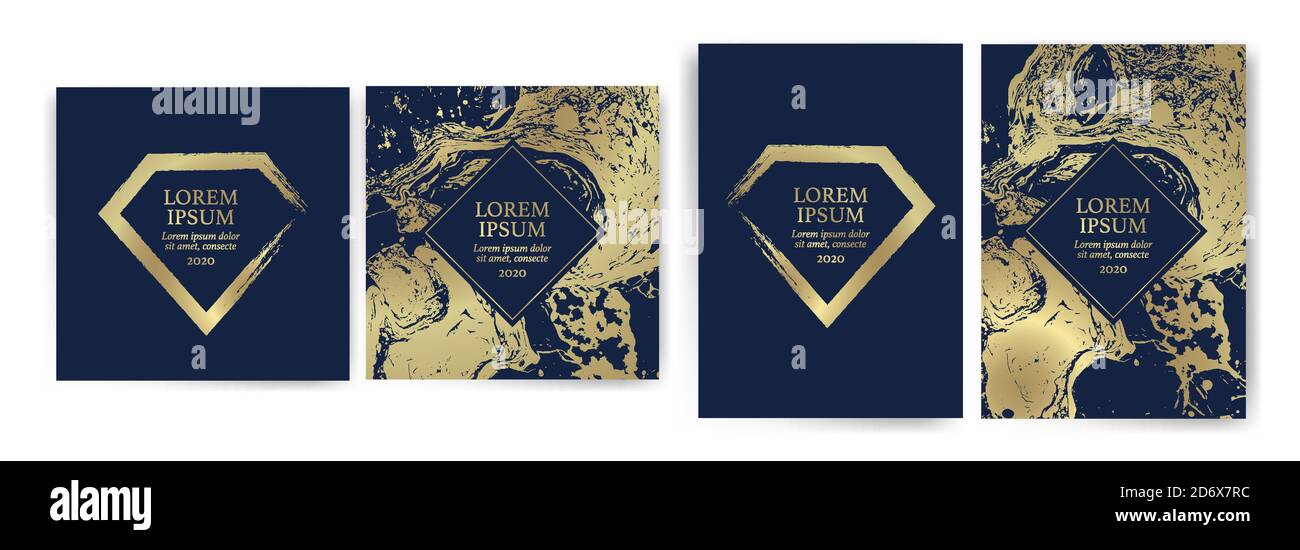 Set di modelli di design con texture dorata, effetto marmo. Lusso ed eleganza. Oro e blu marino. Adatto per inviti di nozze, eventi VIP, cov Illustrazione Vettoriale