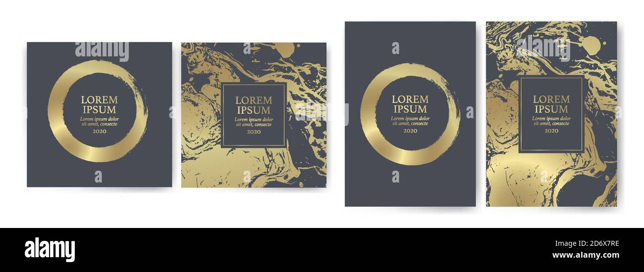 Set di modelli di design con texture dorata, effetto marmo. Lusso ed eleganza adatti per inviti di nozze, eventi VIP, copertine, promozioni. Scheda Illustrazione Vettoriale