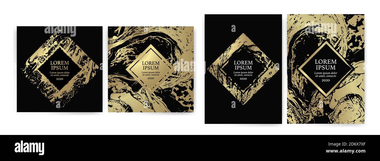 Set di modelli di design con texture dorata, effetto marmo. Sfondo dorato e nero con un look di lusso. Adatto per inviti di nozze, compleanni, Illustrazione Vettoriale
