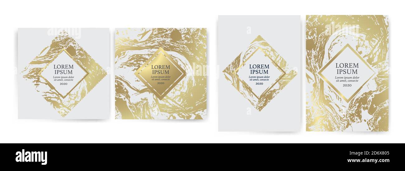 Set di modelli di design con texture dorata, effetto marmo. Sfondo dorato e bianco dal look di lusso. Adatto per inviti di nozze, compleanni, Illustrazione Vettoriale