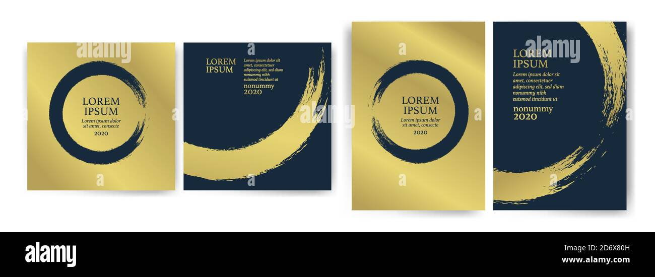 Modelli con design blu e oro. Tratti blu e oro. Idea per un invito al matrimonio, un evento, una festa, un anniversario. Lusso, eleganza, semplicità, arte Illustrazione Vettoriale