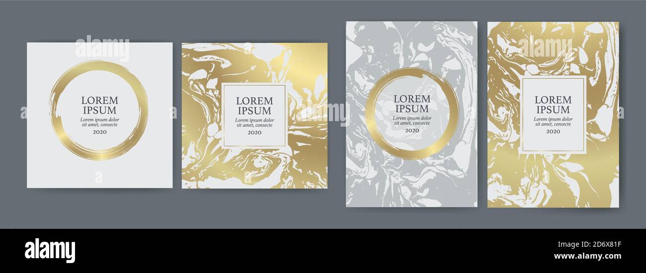Set di modelli di design con texture dorata, effetto marmo. Lusso ed eleganza. Colore bianco e oro. Adatto per inviti di nozze, eventi VIP, co Illustrazione Vettoriale
