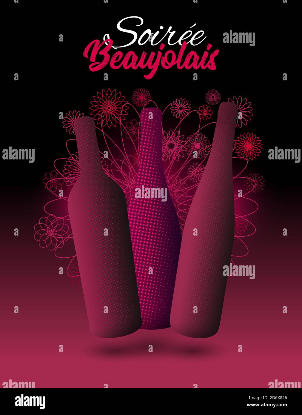 Illustrazione delle bottiglie di vino rosso con volume. Sfondo sfumato nero e rosso con illustrazione dei fiori geometrici. Testo in francese "Soirée Beaujolais", B. Illustrazione Vettoriale