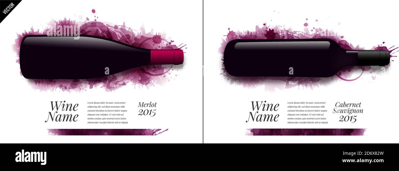 Idea design per catalogo o rivista di bottiglie di vino. Il vino macchiano lo sfondo. Elementi di disegno separati da livelli. Illustrazione vettoriale Illustrazione Vettoriale