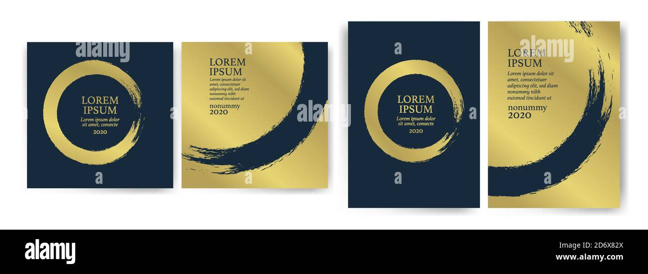 Modelli con design blu e oro. Tratti blu e oro. Idea per un invito al matrimonio, un evento, una festa, un anniversario. Lusso, eleganza, semplicità, arte Illustrazione Vettoriale