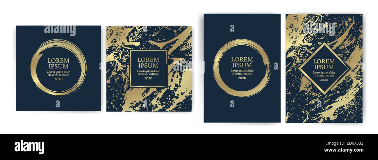 Set di modelli di design con sfondo a trama dorata e tratti dorati. Effetto lusso, eleganza, esclusivo, premium, VIP. Invito al matrimonio, eventi, Illustrazione Vettoriale