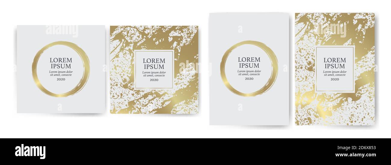 Set di modelli di design con texture dorata, effetto marmo. Lusso ed eleganza. Colore oro e bianco. Adatto per inviti di nozze, eventi VIP, c Illustrazione Vettoriale