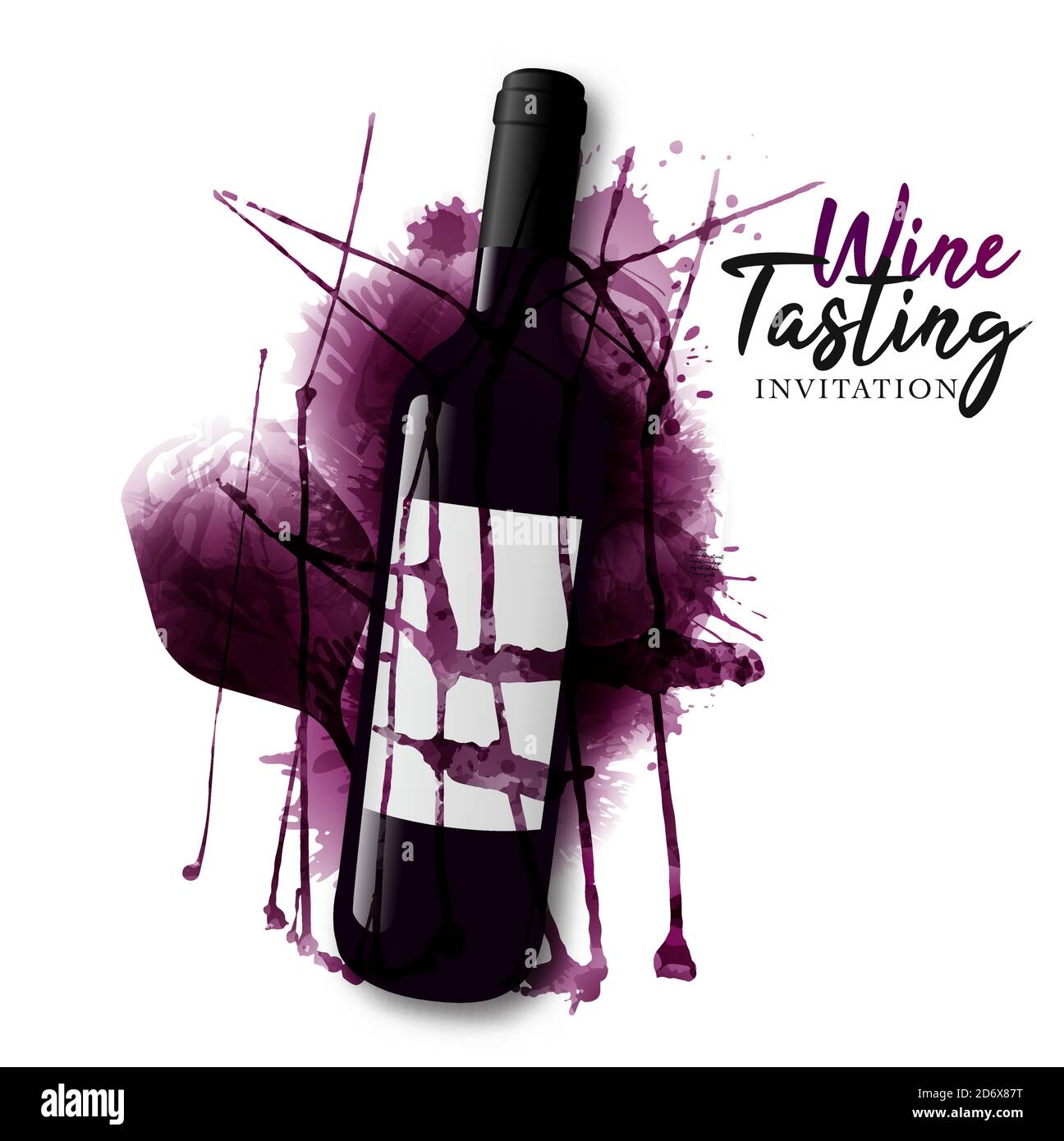 illustrazione tridimensionale della bottiglia con etichetta e disegno del bicchiere di vino. Illustrazione artistica con macchie di vino rosso sullo sfondo. Poster, coperchio, Illustrazione Vettoriale