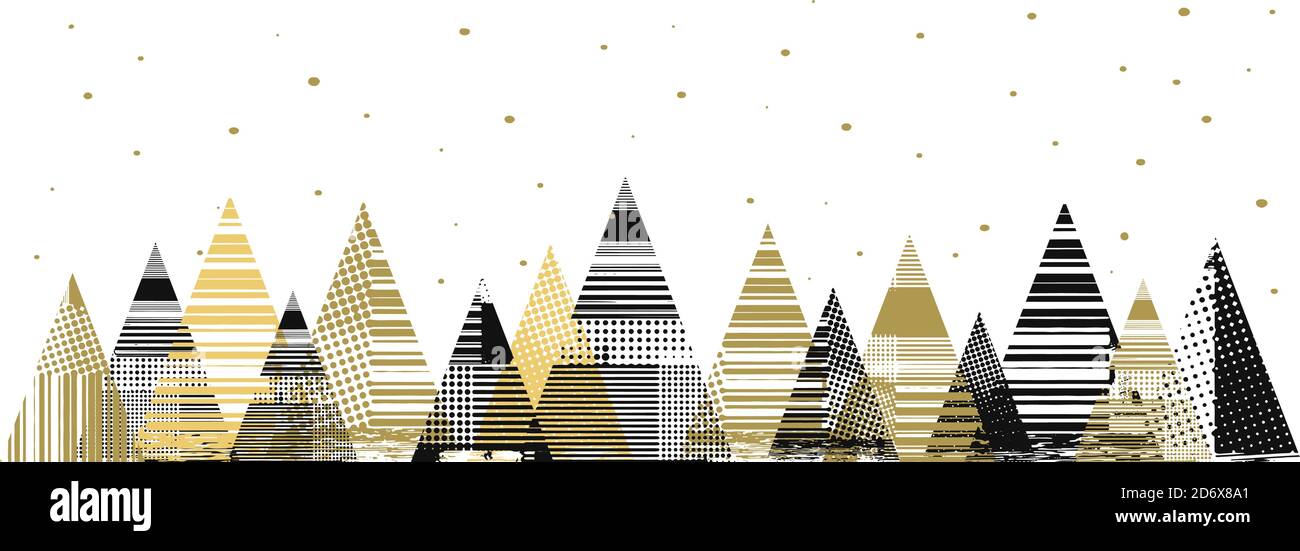 Alberi di Natale con struttura astratta. Colore bianco e oro. Sfondo bianco con fiocchi di neve dorati. Banner orizzontale. Illustrazione vettoriale Illustrazione Vettoriale