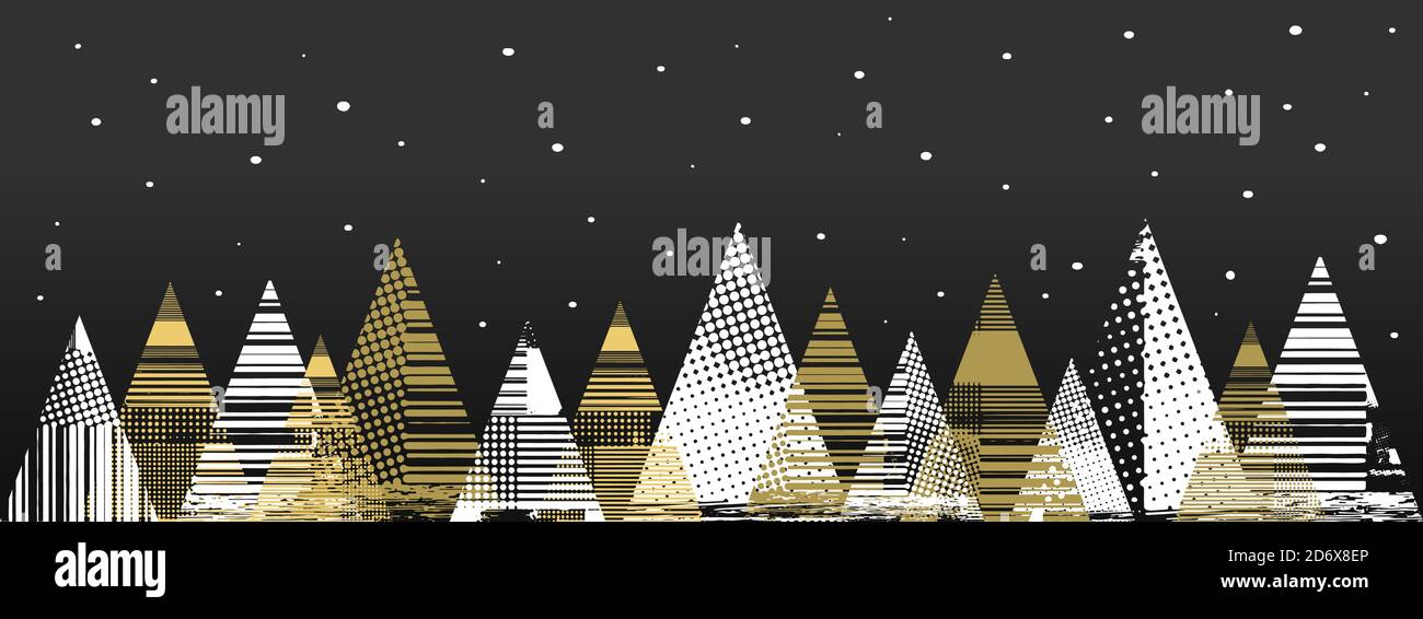 Alberi di Natale con struttura astratta. Colore bianco e oro. Fondo nero con fiocchi di neve. Banner orizzontale. Illustrazione vettoriale Illustrazione Vettoriale